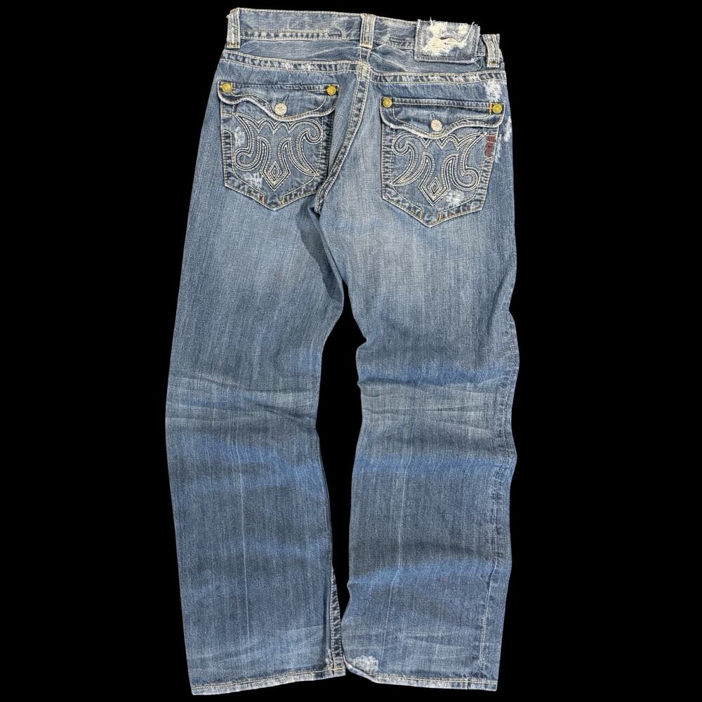 MEK Denim Bootcut Jeans Mens 34x33 Distressed Embroidered Pocket Designer Denim